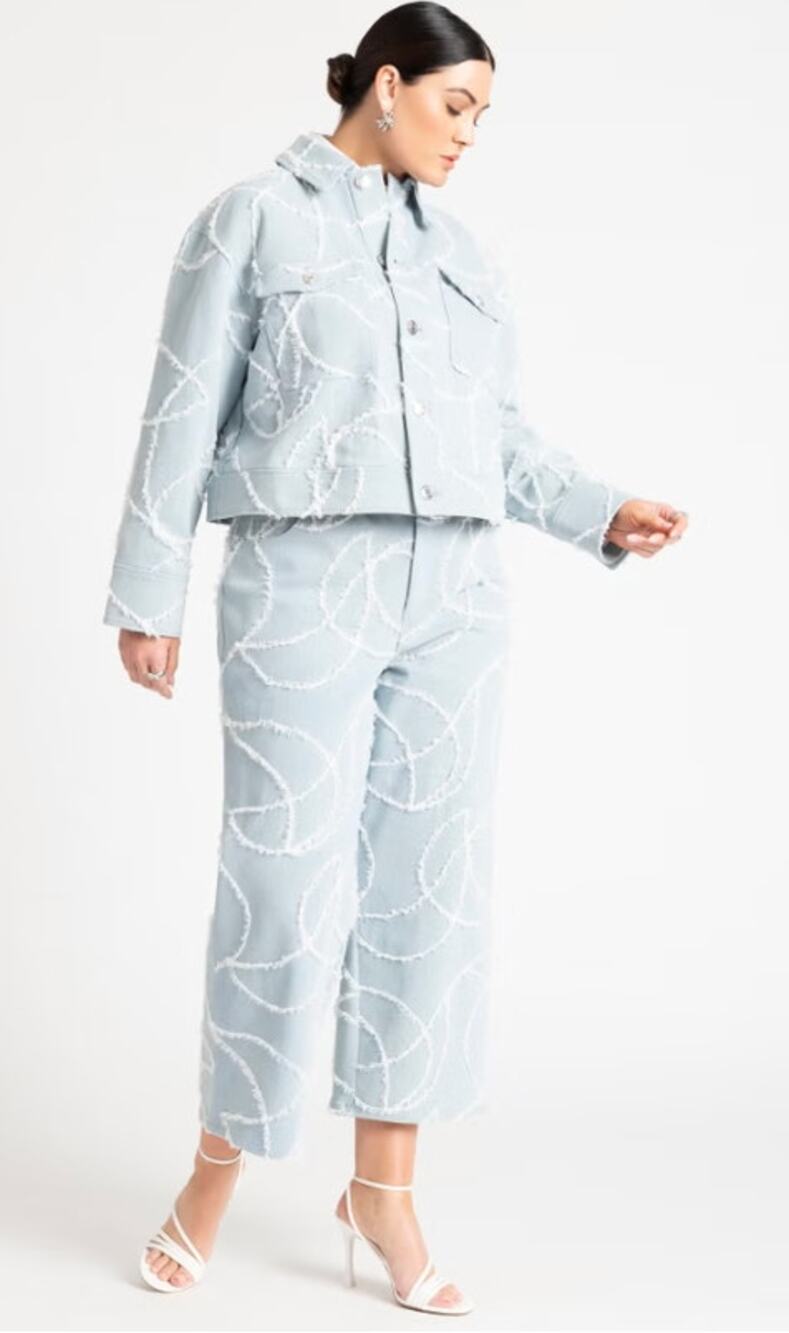 Eloquii Embroidered Distressed Denim Jacket & Wide Leg Cropped Jean size 24